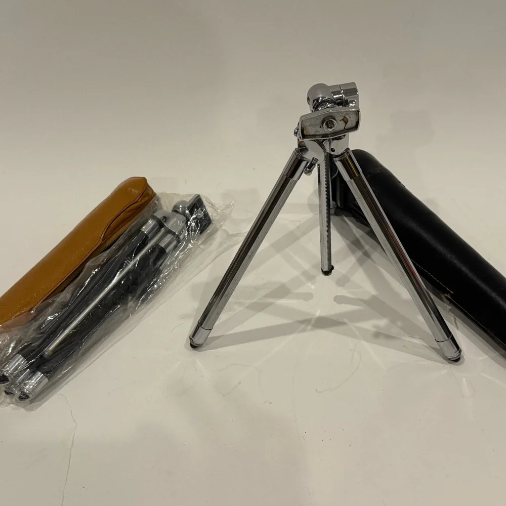 Vintage Compact Silver Sunset and Black Japan Made Tripod Set. With original bag